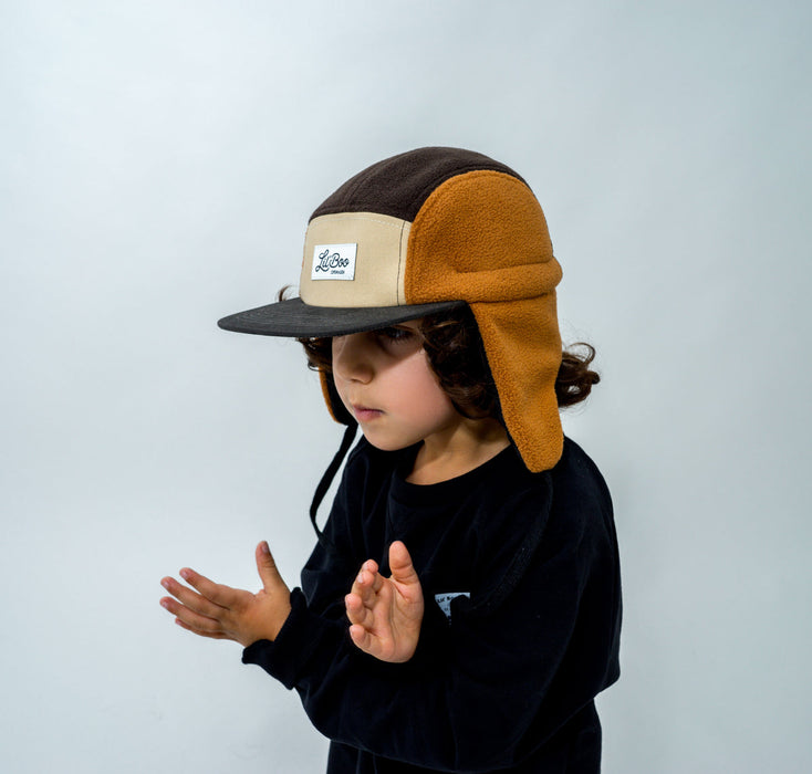 Mütze, Blockfleece 5-Panel mit Ohren - Braun (Größe XL, 7-14 Jahre)