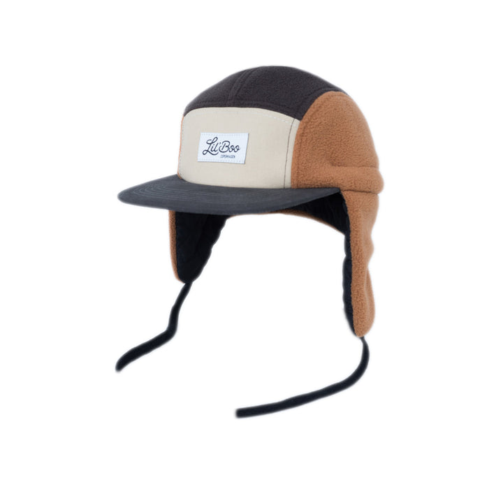 Mütze, Blockfleece 5-Panel mit Ohren - Braun (Größe L, 4-7 Jahre)