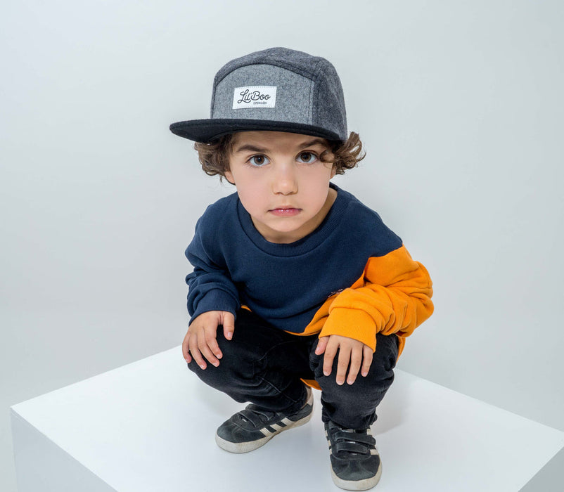 Mütze Blockwolle 5-Panel - Grau (Größe XL, 7-14 Jahre)