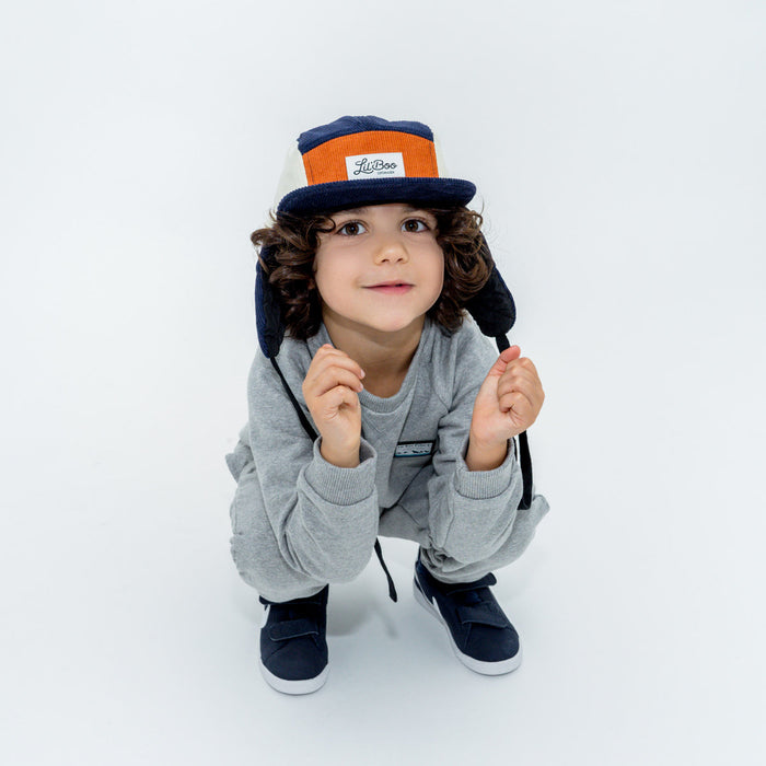 Cap Cord Block 5-Panel mit Ohren - Navy / Caramel (Größe M, 1,5-3 Jahre)