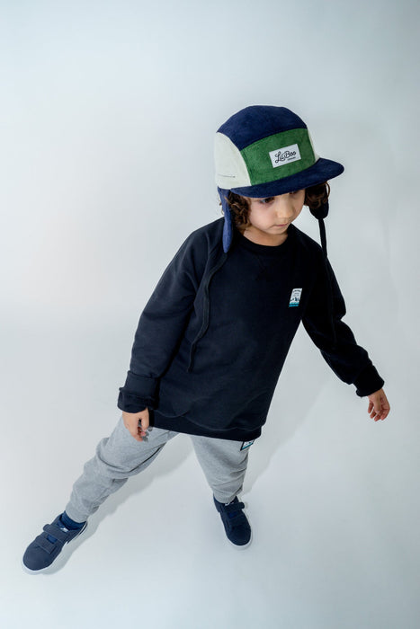 Cap Cord Block 5-Panel mit Ohren - Navy / Grün (Größe L, 4-7 Jahre)