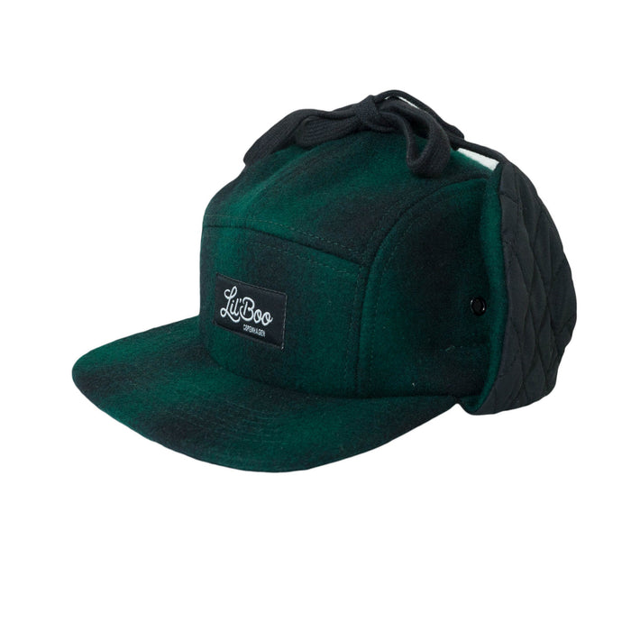 Mütze, Wolle 5-Panel mit Ohren - Grün / Schwarz (Größe L, 4-7 Jahre)