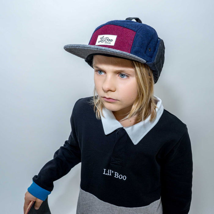 Mütze, Wollblock 5-Panel mit Ohren - Burgund / Grau / Navy (Größe M, 1,5-3 Jahre)