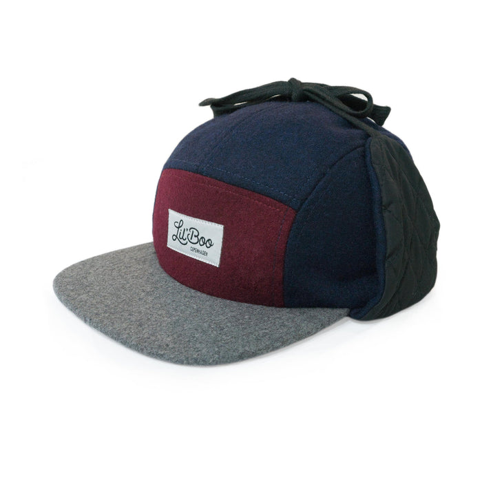 Mütze, Wollblock 5-Panel mit Ohren - Burgund / Grau / Navy (Größe L, 4-7 Jahre)