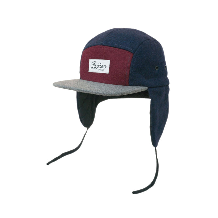 Mütze, Wollblock 5-Panel mit Ohren - Burgund / Grau / Navy (Größe XL, 7-14 Jahre)