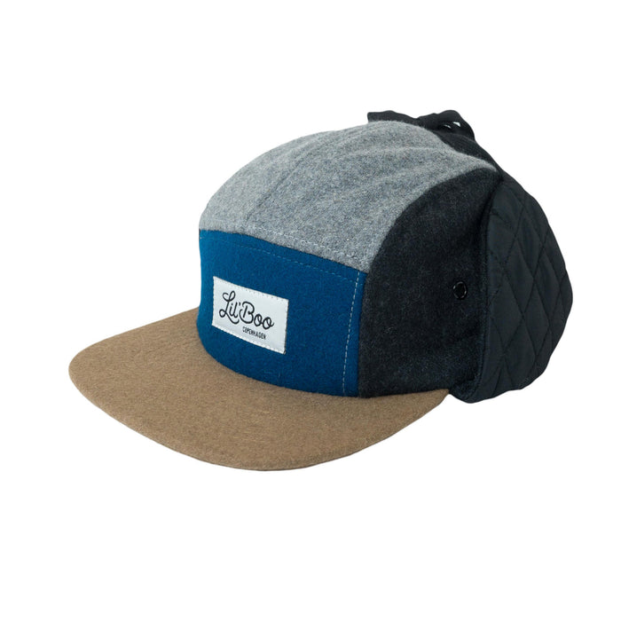 Mütze, Wollblock 5-Panel mit Ohren - Grau/Blau (Größe L, 4-7 Jahre)