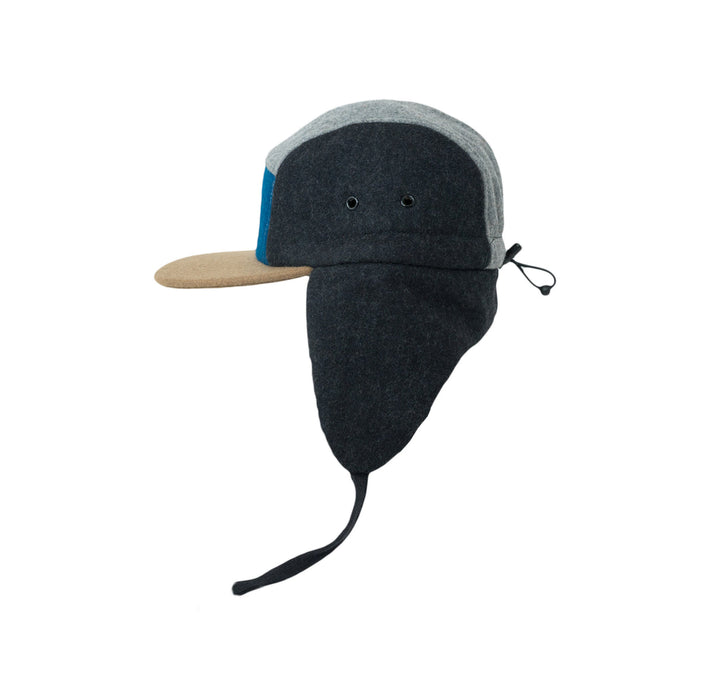 Mütze, Wollblock 5-Panel mit Ohren - Grau/Blau (Größe M, 1,5-3 Jahre)