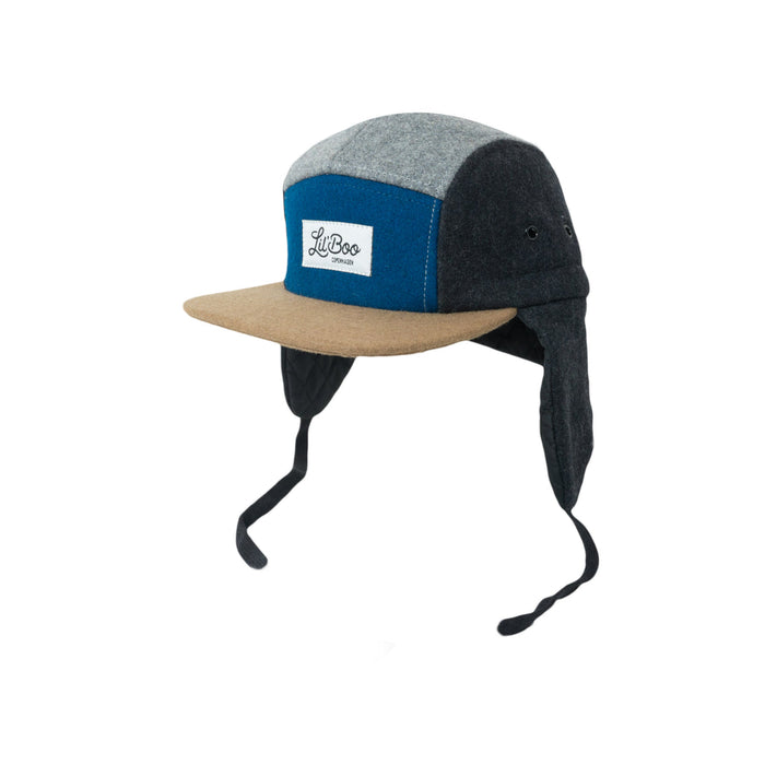 Mütze, Wollblock 5-Panel mit Ohren - Grau/Blau (Größe M, 1,5-3 Jahre)